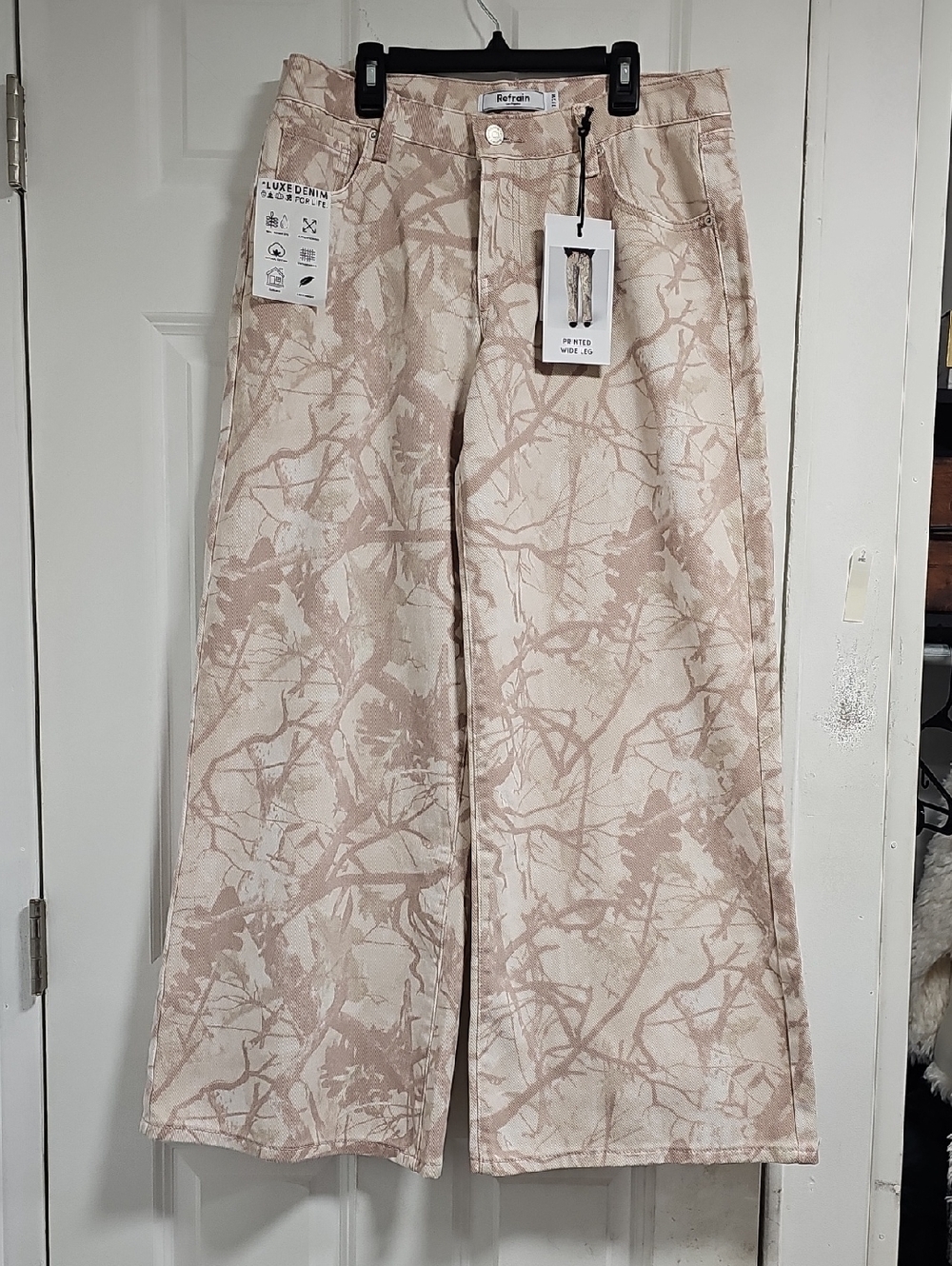 RefrainCream and rose gold Brown Printed Wide-Leg Denim Pants